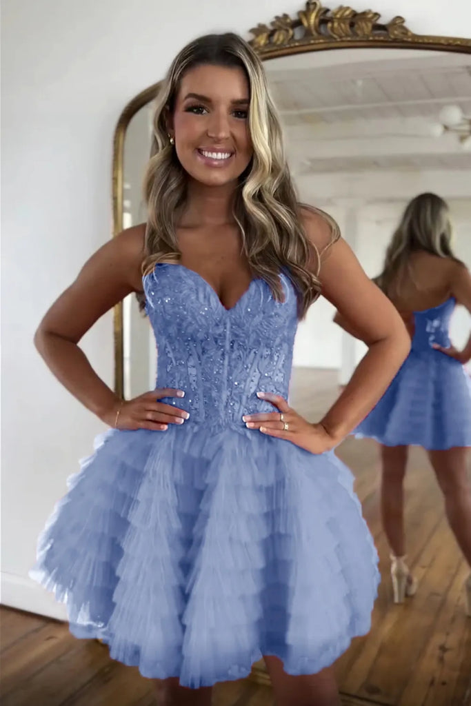 Princess Strapless Pink/Blue Lace Short Prom Dress, Pink/Blue Lace Hom abcprom Princess Strapless Pink/Blue Lace Short Prom Dress, Pink/Blue Lace Hom abcprom