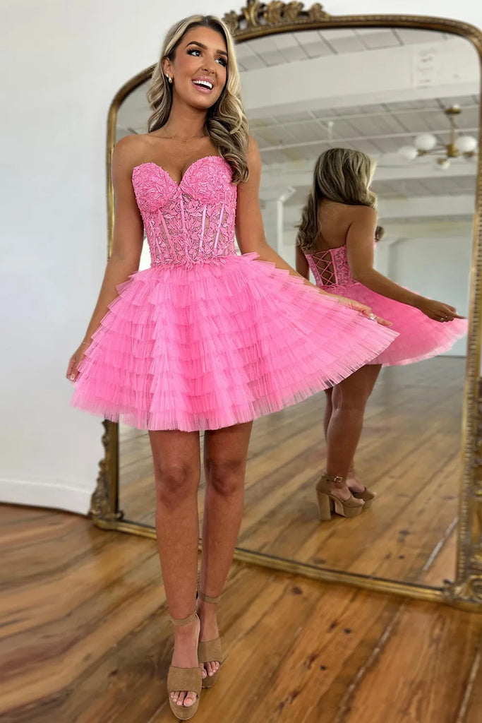 Princess Strapless Pink/Blue Lace Short Prom Dress, Pink/Blue Lace Hom abcprom Princess Strapless Pink/Blue Lace Short Prom Dress, Pink/Blue Lace Hom abcprom