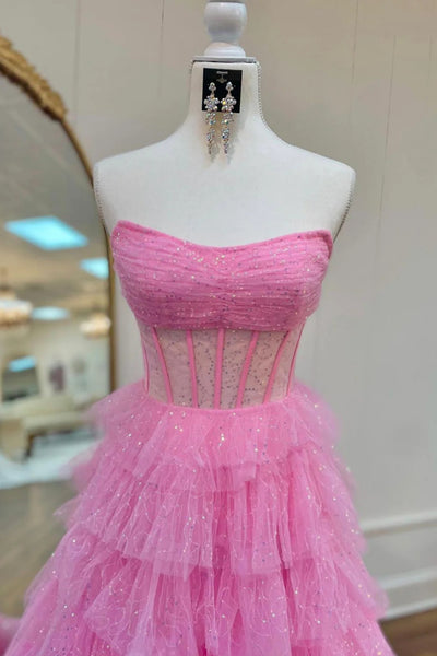 Princess Strapless Pink Tulle Long Prom Dress, Shiny Pink Formal Graduation Evening Dress A2062