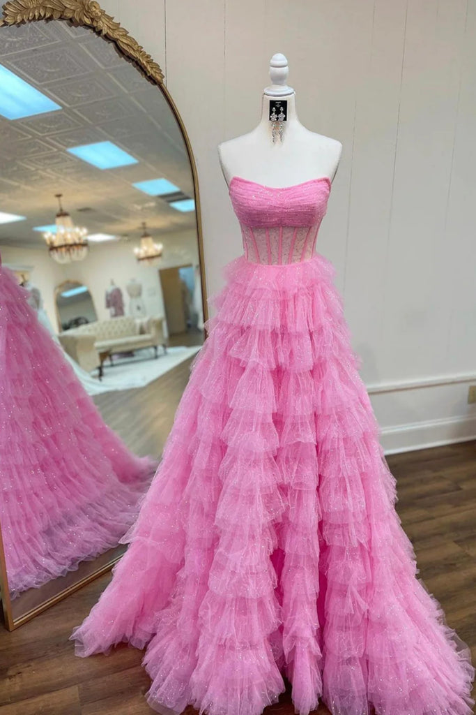 Princess Strapless Pink Tulle Long Prom Dress, Shiny Pink Formal Gradu abcprom Princess Strapless Pink Tulle Long Prom Dress, Shiny Pink Formal Gradu abcprom