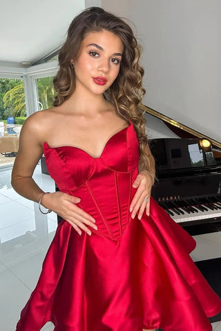 Princess Strapless Red Short Prom Dress, Red Homecoming Dress, Short Red Formal Graduation Evening Dress A1941