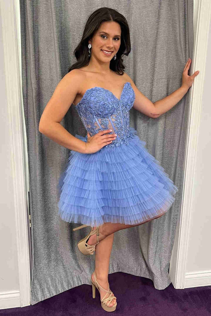 Princess Strapless Ruffle Blue Lace Prom Dress, Short Blue Lace Homeco abcprom Princess Strapless Ruffle Blue Lace Prom Dress, Short Blue Lace Homeco abcprom