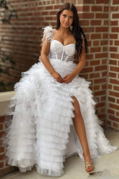 Princess Sweetheart Neck Ruffle White Long Prom Dress with High Slit, White Tulle Formal Evening Dress A2473