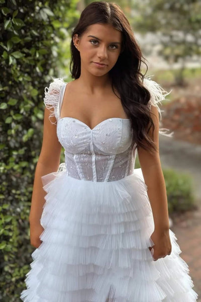 Princess Sweetheart Neck Ruffle White Long Prom Dress with High Slit, White Tulle Formal Evening Dress A2473