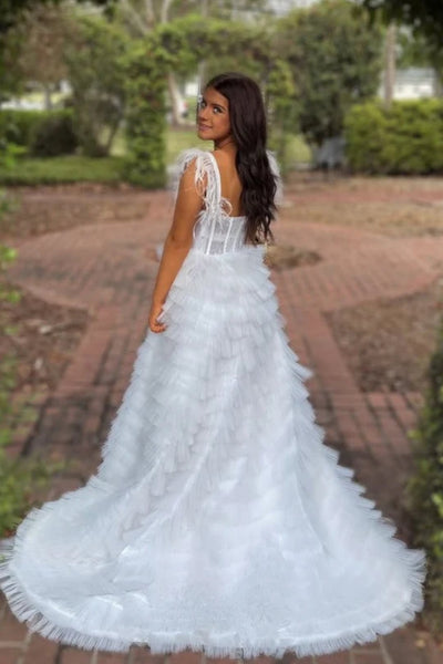 Princess Sweetheart Neck Ruffle White Long Prom Dress with High Slit, White Tulle Formal Evening Dress A2473