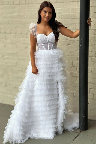 Princess Sweetheart Neck Ruffle White Long Prom Dress with High Slit, White Tulle Formal Evening Dress A2473
