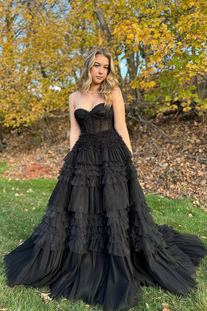 Princess Sweetheart Neck Strapless Black Tulle Long Prom Dress, Layered Black Formal Evening Dress, Ball Gown A2055 Princess Sweetheart Neck Strapless Black Tulle Long Prom Dress, Layered Black Formal Evening Dress, Ball Gown A2055