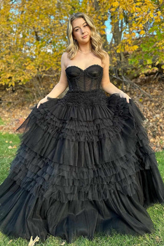 Princess Sweetheart Neck Strapless Black Tulle Long Prom Dress, Layered Black Formal Evening Dress, Ball Gown A2055