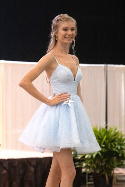 Princess V Neck Light Blue Tulle Short Prom Dress, V Neck Light Blue Homecoming Dress, Light Blue Formal Evening Dress A1919
