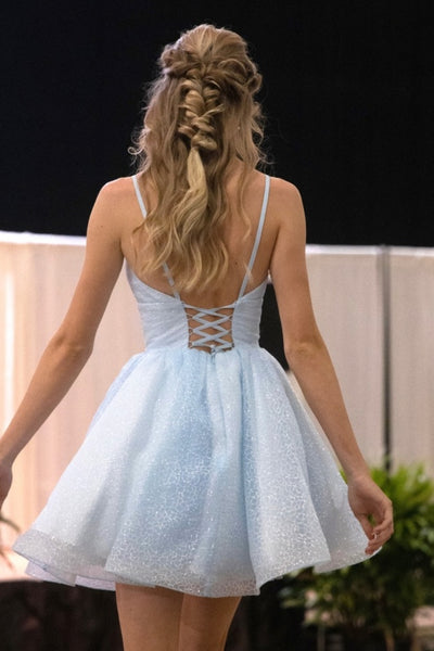 Princess V Neck Light Blue Tulle Short Prom Dress, V Neck Light Blue Homecoming Dress, Light Blue Formal Evening Dress A1919