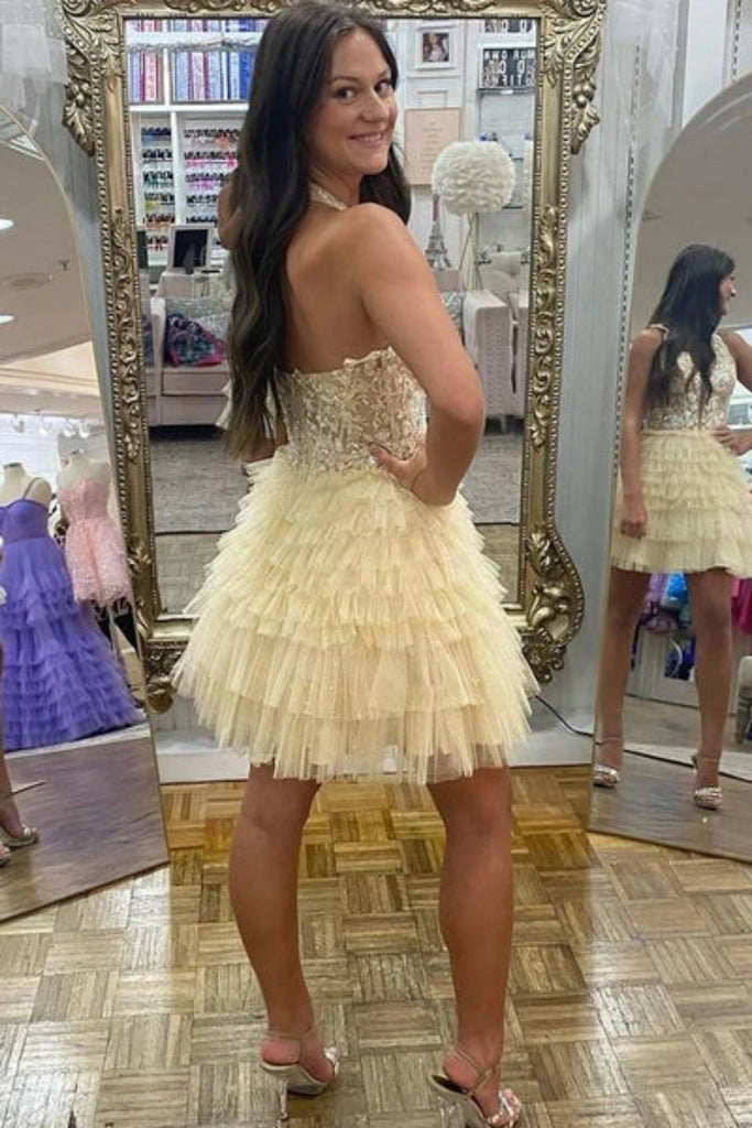 Princess V Neck Open Back Ruffle Yellow Lace Prom Dress, Short Yellow abcprom Princess V Neck Open Back Ruffle Yellow Lace Prom Dress, Short Yellow abcprom