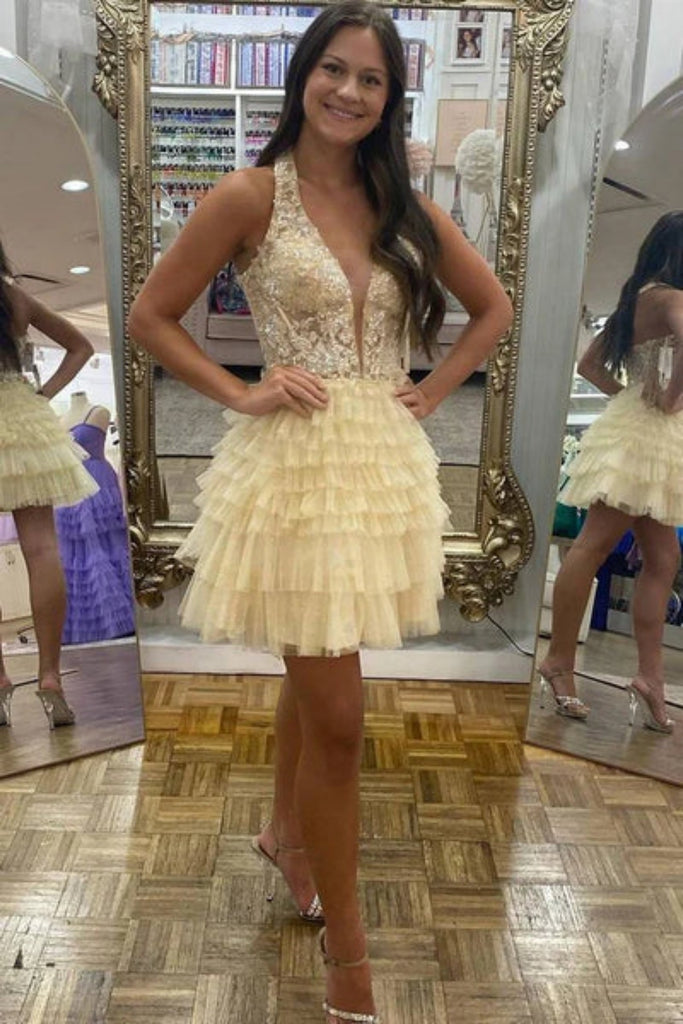 Princess V Neck Open Back Ruffle Yellow Lace Prom Dress, Short Yellow abcprom Princess V Neck Open Back Ruffle Yellow Lace Prom Dress, Short Yellow abcprom