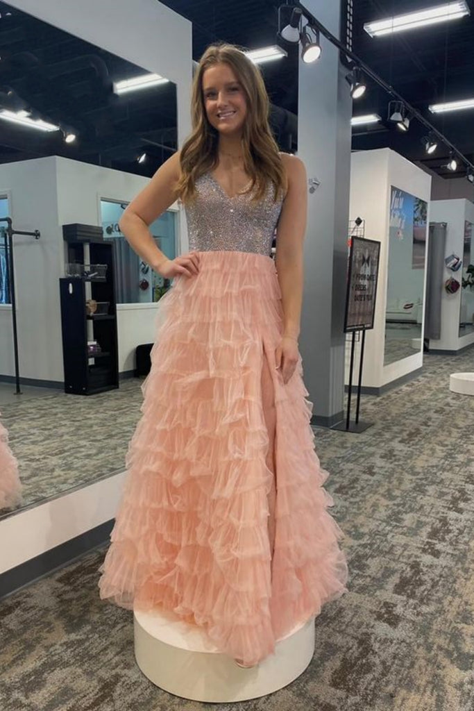 Princess V Neck Pink Long Prom Dress with High Slit, Pink Formal Gradu abcprom Princess V Neck Pink Long Prom Dress with High Slit, Pink Formal Gradu abcprom