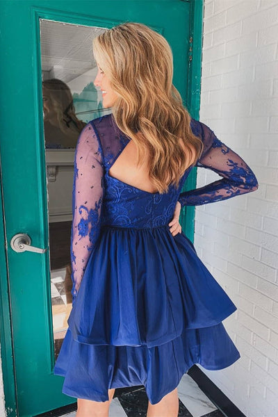 Round Neck Long Sleeves Blue Lace Prom Dress, Long Sleeves Blue Homecoming Dress, Blue Lace Formal Graduation Evening Dress A1904
