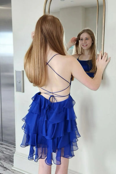 Scoop Neck Royal Blue Ruffle Tight Short Prom Dresses, Royal Blue Short Formal Homecoming Graduation Dresses