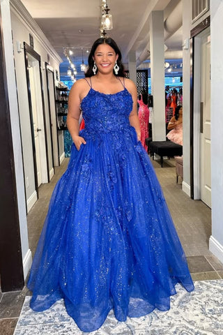 Shiny A Line Backless Blue Lace Long Prom Dress, Blue Lace Formal Dress, Blue Evening Dress A2574