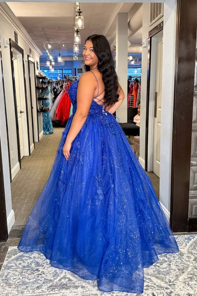 Shiny A Line Backless Blue Lace Long Prom Dress, Blue Lace Formal Dress, Blue Evening Dress A2574