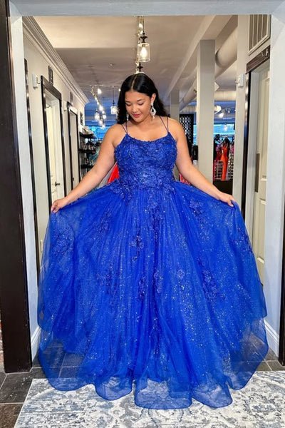 Shiny A Line Backless Blue Lace Long Prom Dress, Blue Lace Formal Dress, Blue Evening Dress A2574