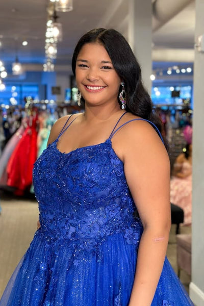 Shiny A Line Backless Blue Lace Long Prom Dress, Blue Lace Formal Dress, Blue Evening Dress A2574