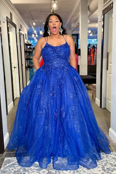 Shiny A Line Backless Blue Lace Long Prom Dress, Blue Lace Formal Dress, Blue Evening Dress A2574