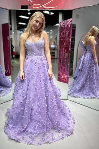 Shiny A Line Purple Long Prom Dress with 3D Flowers, Purple Floral Formal Graduation Evening Dress A2150