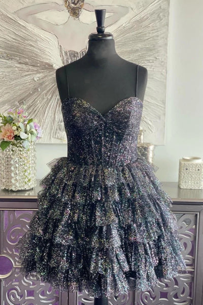 Shiny A Line Spaghetti Straps Black Ruffles Short Prom Dress, Black Homecoming Dress A2418