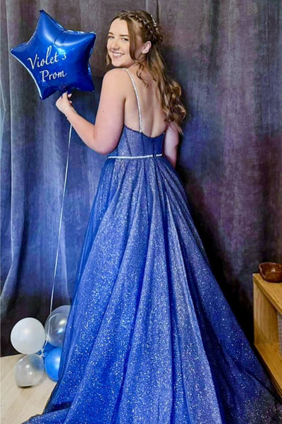 Shiny A Line Spaghetti Straps Sweetheart Neck Navy Blue Tulle Long Prom Dress, Navy Blue Formal Graduation Evening Dress A2267