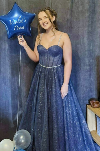 Shiny A Line Spaghetti Straps Sweetheart Neck Navy Blue Tulle Long Prom Dress, Navy Blue Formal Graduation Evening Dress A2267
