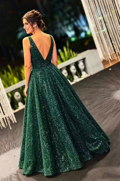 Shiny A Line Square Neck Green Long Prom Dress, Long Green Formal Graduation Evening Dress A2611