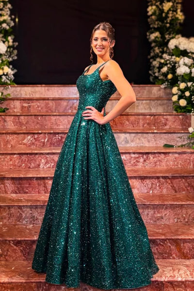 Shiny A Line Square Neck Green Long Prom Dress, Long Green Formal Graduation Evening Dress A2611