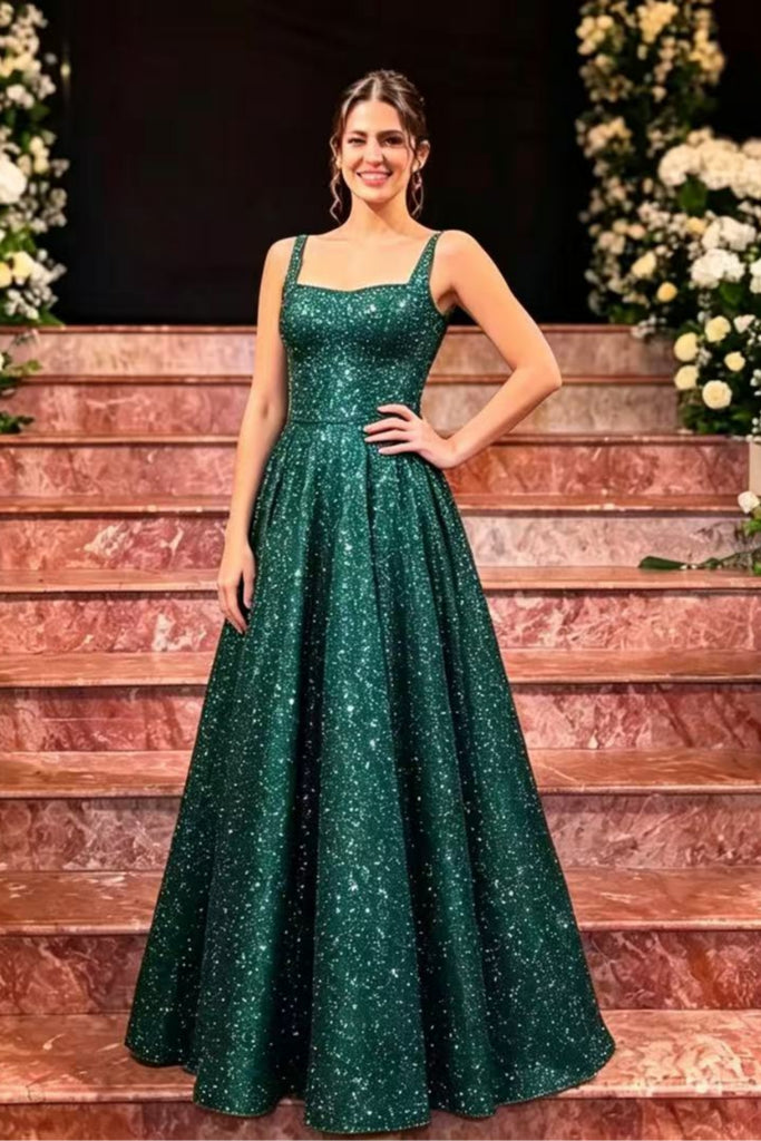 Shiny A Line Square Neck Green Long Prom Dress, Long Green Formal Graduation Evening Dress A2611