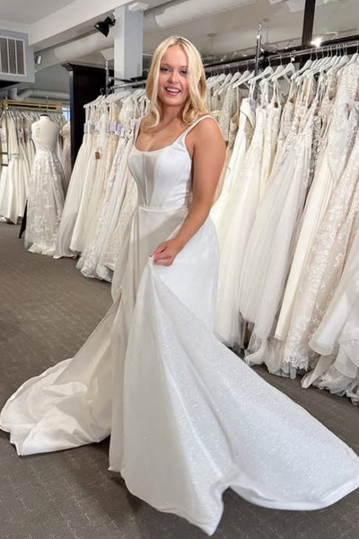 Shiny A Line Square Neck White Long Prom Dress with Slit, White Formal Graduation Evening Dress A2559