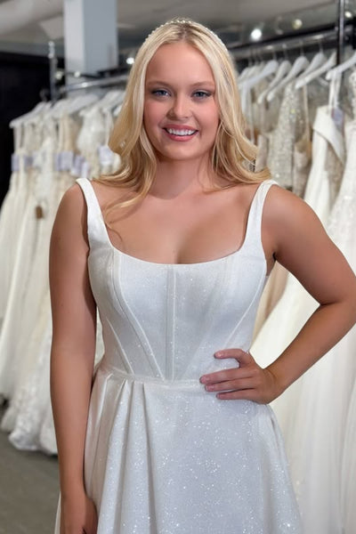 Shiny A Line Square Neck White Long Prom Dress with Slit, White Formal Graduation Evening Dress A2559