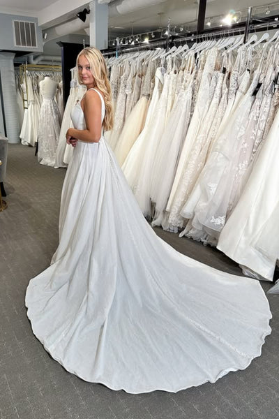 Shiny A Line Square Neck White Long Prom Dress with Slit, White Formal Graduation Evening Dress A2559