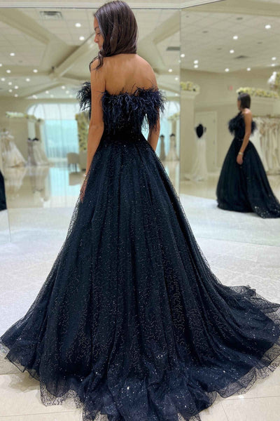 Shiny A Line Strapless Navy Blue Feathers Long Prom Dress, Long Navy Blue Formal Graduation Evening Dress A2004