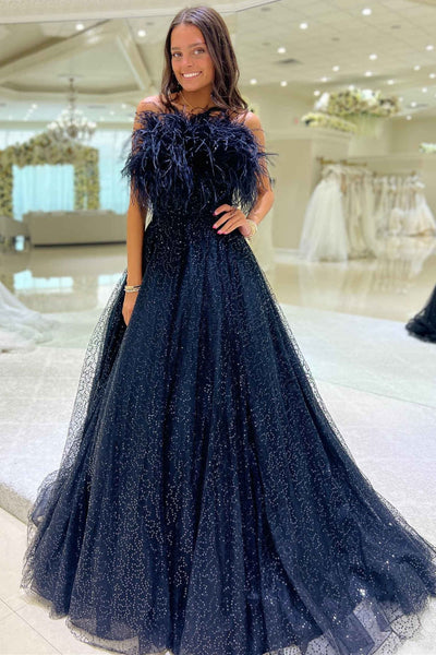 Shiny A Line Strapless Navy Blue Feathers Long Prom Dress, Long Navy Blue Formal Graduation Evening Dress A2004