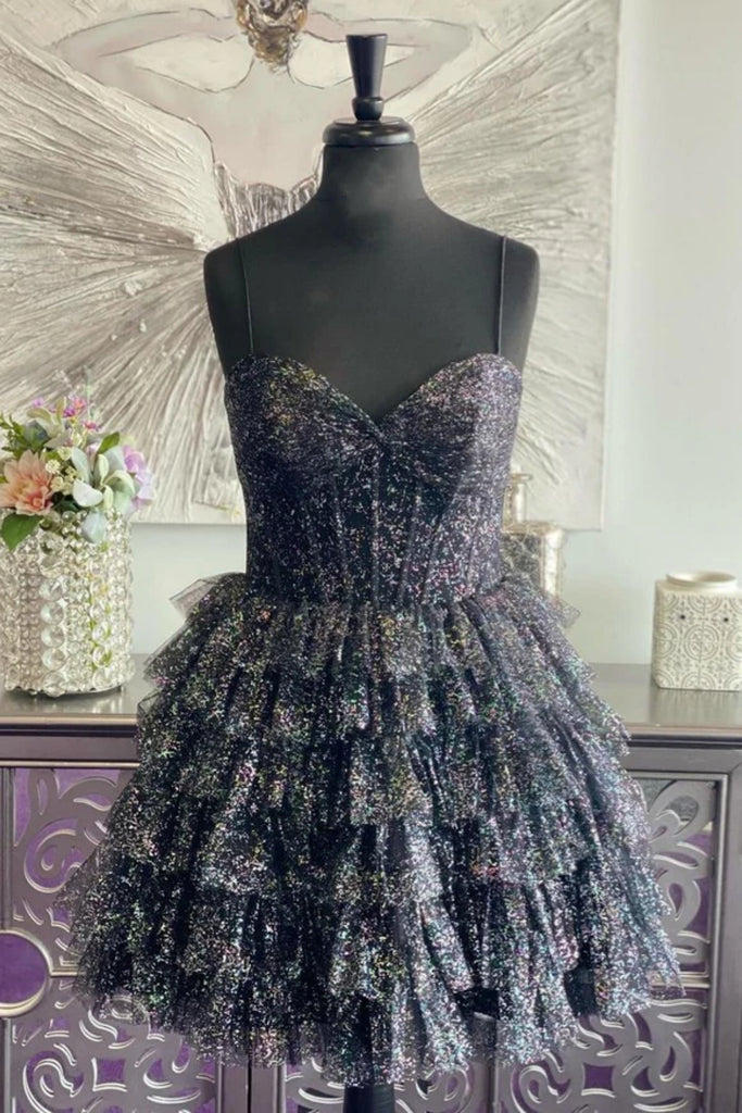 Shiny A Line Sweetheart Neck Black Tulle Short Prom Dress, Short Black abcprom Shiny A Line Sweetheart Neck Black Tulle Short Prom Dress, Short Black abcprom