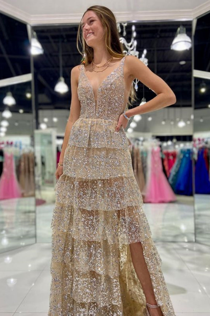 Shiny A Line V Neck Champagne Sequins Long Prom Dress with High Slit, abcprom Shiny A Line V Neck Champagne Sequins Long Prom Dress with High Slit, abcprom