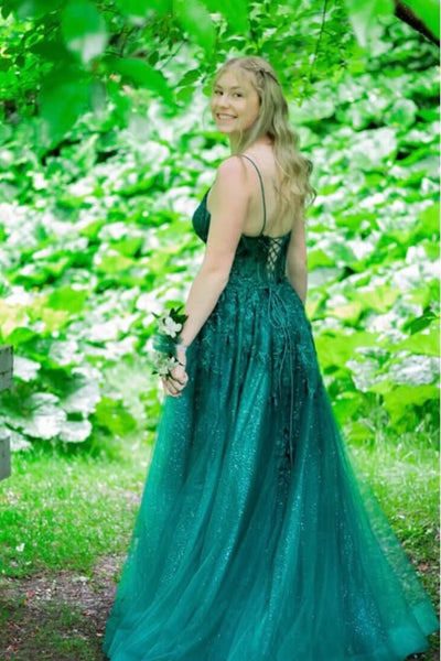 Shiny A Line V Neck Green Lace Long Prom Dress, Green Lace Formal Dress, Green Evening Dress A2334