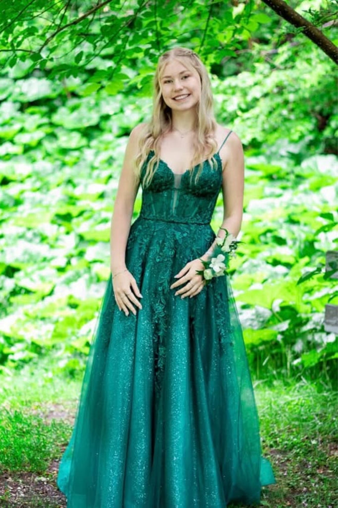 Shiny A Line V Neck Green Lace Long Prom Dress, Green Lace Formal Dress, Green Evening Dress A2334