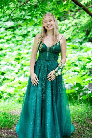 Shiny A Line V Neck Green Lace Long Prom Dress, Green Lace Formal Dress, Green Evening Dress A2334