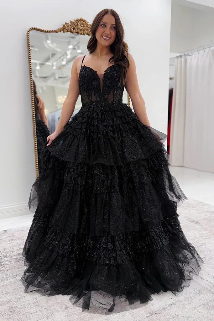 Shiny A Line V Neck Layered Black Lace Long Prom Dress, Black Lace For abcprom Shiny A Line V Neck Layered Black Lace Long Prom Dress, Black Lace For abcprom