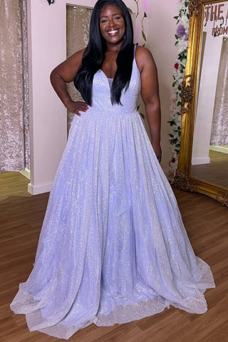 Shiny A Line V Neck Lilac Tulle Long Prom Dress, Lavender Formal Graduation Evening Dress A2529