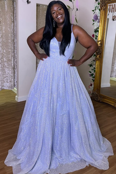 Shiny A Line V Neck Lilac Tulle Long Prom Dress, Lavender Formal Graduation Evening Dress A2529