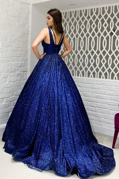 Shiny A Line V Neck Open Back Navy Blue Long Prom Dress, Long Navy Blue Formal Evening Dress A2085