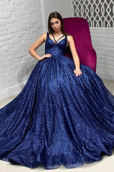 Shiny A Line V Neck Open Back Navy Blue Long Prom Dress, Long Navy Blue Formal Evening Dress A2085