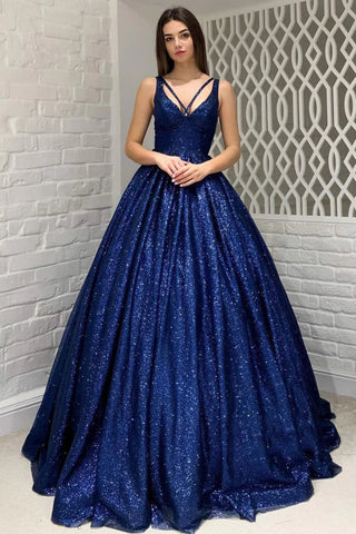 Shiny A Line V Neck Open Back Navy Blue Long Prom Dress, Long Navy Blue Formal Evening Dress A2085