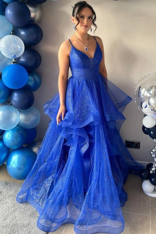 Shiny A Line V Neck Royal Blue Tulle Long Prom Dress, Long Royal Blue Formal Graduation Evening Dress A2530