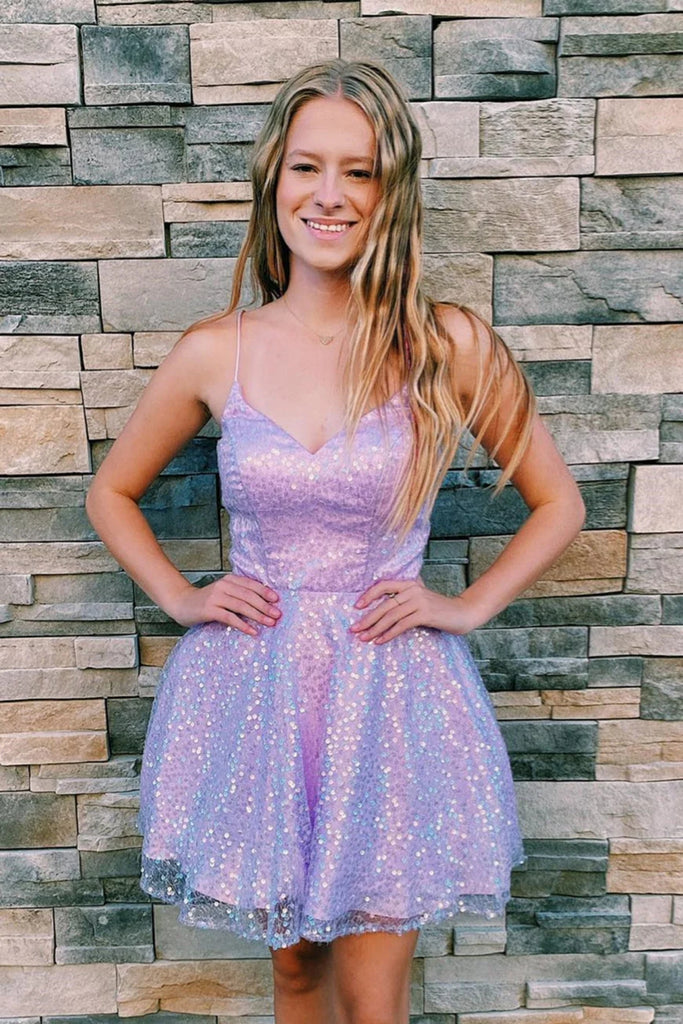 Shiny A Line V Neck Sequins Lilac Short Prom Dress, Short Lilac Homeco abcprom Shiny A Line V Neck Sequins Lilac Short Prom Dress, Short Lilac Homeco abcprom