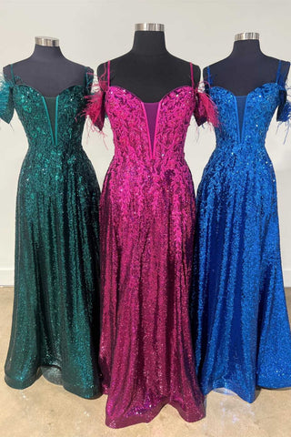 Shiny Feather Off Shoulder Green Lace Long Prom Dress, Off the Shoulder Blue Formal Dress, Green Lace Evening Dress A2054